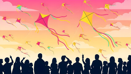 Naklejka premium Vector illustration of colorful kites flying in the sky during Makar Sankranti festival. Happy celebration concept with vibrant colors and blue sky background. 