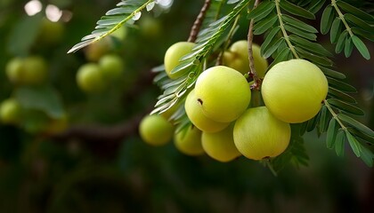 Cluster of Indian gooseberries in a lush green environment
