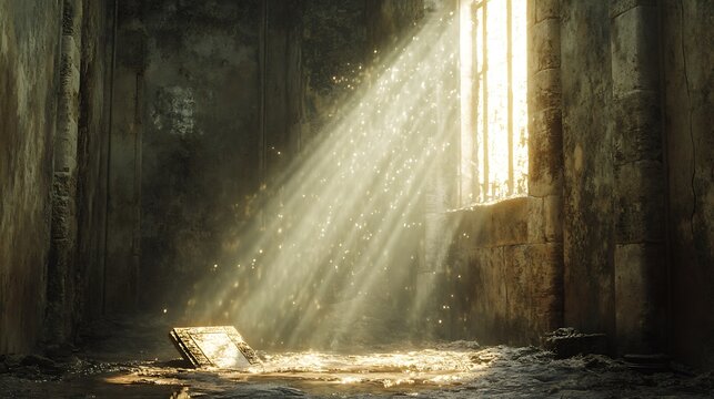 Dramatic light shines through an old window in a crumbling stone structure - Powered by Adobe