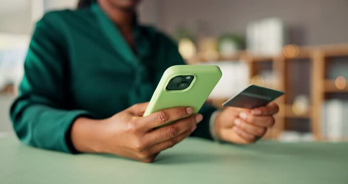 Woman, hands or phone with credit card for online shopping, order or payment in home. Closeup, female person or shopper with mobile smartphone or debit for wireless transaction, bank app or ecommerce