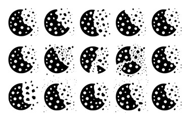 Set of Crumbling Cookies with Chocolate Chips, Black and White Icons