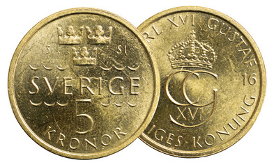 Sweden, 5 Kronor (SEK), circulation coin (type 2016-), featuring King Carl XVI Gustaf's monogram and the Three Crowns coat of arms, Nordic Gold