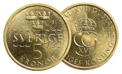 Sweden, 5 Kronor (SEK), circulation coin (type 2016-), featuring King Carl XVI Gustaf's monogram and the Three Crowns coat of arms, Nordic Gold