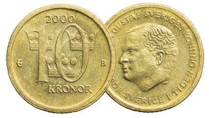 Sweden, 10 Kronor (SEK), 2000 Year, Nordic Gold circulation coin featuring King Carl XVI Gustaf and the Three Crowns coat of arms