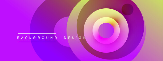 Abstract vibrant design features concentric circles. Purple, pink, yellow hues blend smoothly creating dynamic visual effect. Text reads background design.