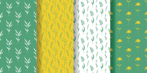 Spring flowers and herbs seamless patterns set. Floral nature backgrounds in green and yellow. Botanical print collection for wallpaper, textiles, fabric, design, vector graphics © Iry