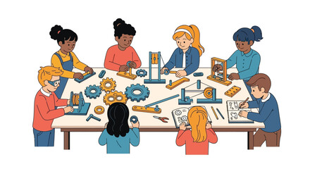 Diverse group of children engaged in a STEM education workshop.