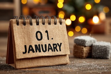 A close-up captures a rustic calendar page prominently displaying 01. JANUARY, set against a blurred background with soft. ..Created with Generative AI, not depicting real subjects.