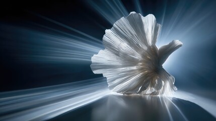 Abstract white sculpture illuminated against dark backdrop with light streaks