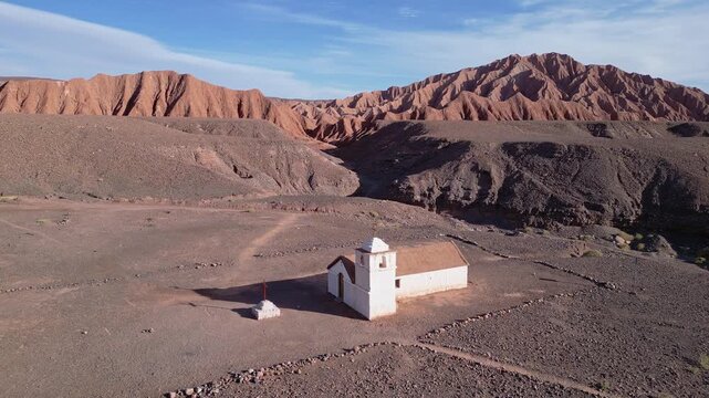 San Pedro de Atacama, Chile: Aerial footage of San Isidro church in the middle of Catarpe valley, San Pedro de Atacama, Chile