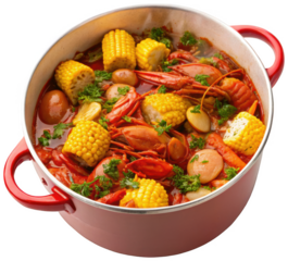 A vibrant and steaming seafood boil, featuring succulent red crawfish, tender white potatoes, sweet yellow corn on the cob, and plump sausages, all immersed in a, isolated on transparent background.
