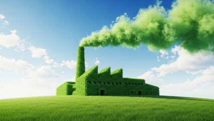 Green factory with smokestack emitting green smoke in a field isolated on transparent background