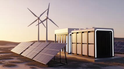 Renewable energy system with solar panels and wind turbines isolated on transparent background