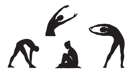 Yoga Silhouettes in Various Poses in Black on White Background for Fitness and Wellness