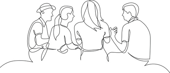 Continuous one line drawing of a diverse group of four people having a lively discussion or meeting, seen from different angles, isolated on white background