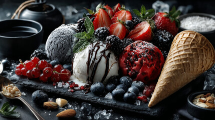 Summer ice cream flavors with fresh fruit salad, assorted berries, nuts, sugar cones and a scoop as a border on textured slate with copy space