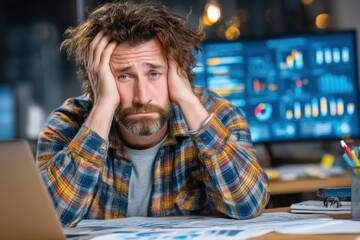 A stressed programmer faces the challenges of the digital realm, looking overwhelmed, in his office. ..Created with Generative AI, not depicting real subjects.