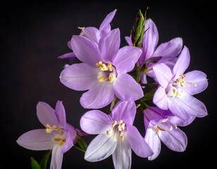 Fototapeta premium Soft lilac flowers with yellow stamens cluster against a dark, blurred background