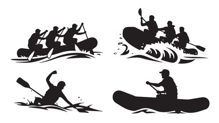 Silhouettes of people kayaking in adventurous outdoor activity with dramatic black and white contrast for water sports