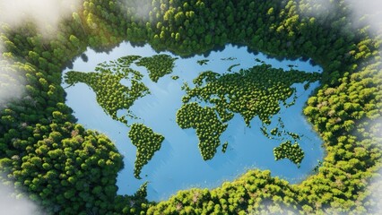 Aerial view of lush forest forming world map isolated on transparent background
