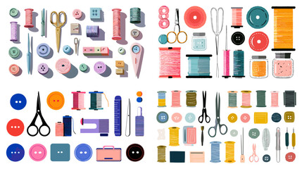Watercolor sewing and craft supplies set with spools buttons scissors ribbons and tools ideal for handmade projects creative education and hobby illustration.