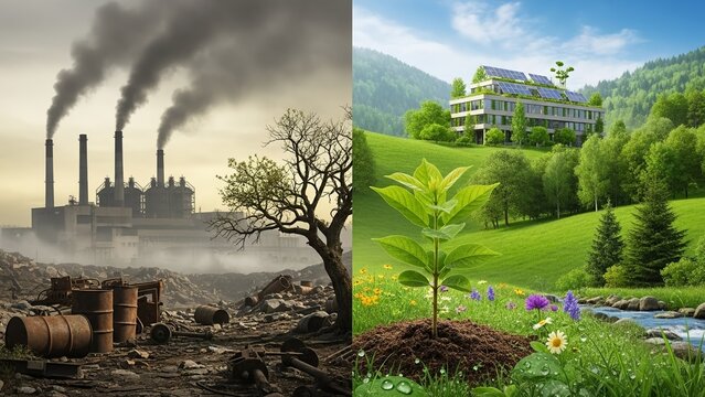 Contrasting environmental futures the stark choice between industrial pollution and a sustainable, green planet with clean energy