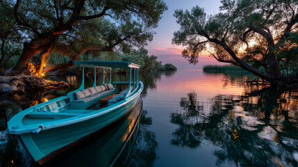 Boat cruising Danube Delta channels quiet meditation landscape melancholia background Tourism concept travel on Danube delta