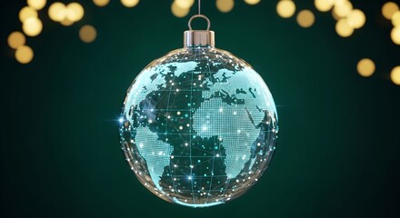 Futuristic Digital World Globe Christmas Ornament with Glowing Network Map