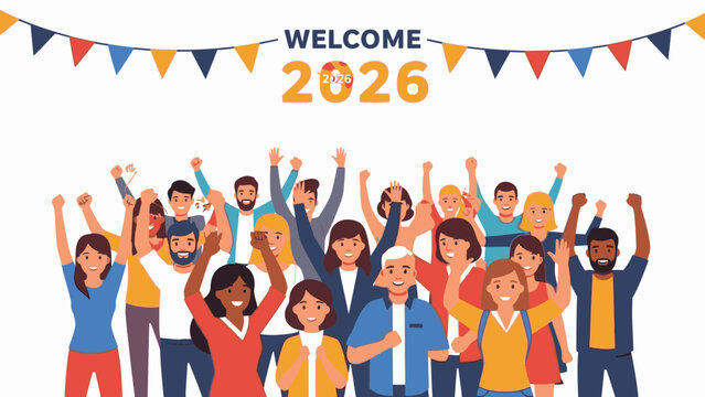 Illustration of a diverse group of people celebrating and welcoming Happy New Year 2026 with colorful banners and flags in a festive atmosphere.
