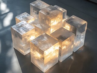 Illuminated crystalline cubes arranged in a geometric formation display brilliance