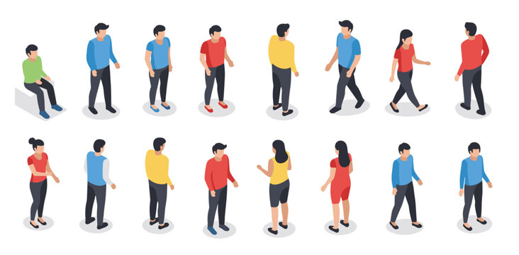 diverse group of people walking in isometric style on white