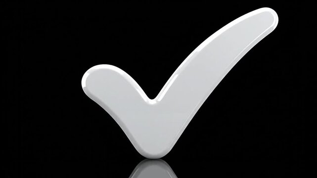 A shining, glossy white 3D checkmark symbol with glowing edges on a black reflective surface