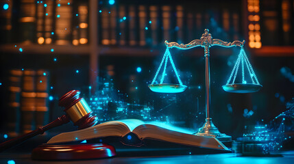 Law study stock photo with judges gavel book and futuristic scales of justice in a dark library