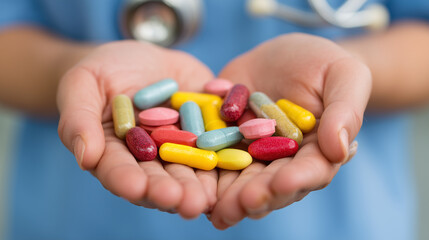 Doctor holding colorful pills and capsules in hands