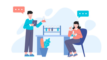 Fototapeta premium Pharmaceutical Team in Clinical Trial Research. Flat Vector Illustration