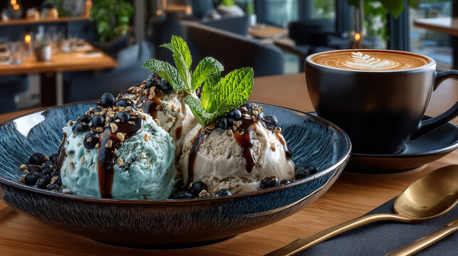 Tilted angle view of a double scoop serving of creamy coffee icecream garnished with mint and coffee beans