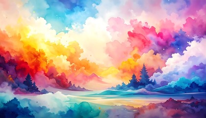 Pastel dreamscape with clouds, water, and trees in vibrant hues, rendered in a watercolor style