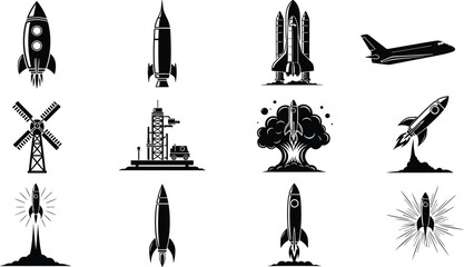 Rocket and space exploration silhouettes set featuring launch spacecraft shuttle missile icons black vector illustration isolated background design collection artwork © Afsana Creatives