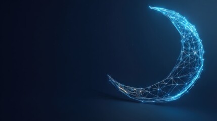 A stunning digital representation of the crescent moon, constructed from interconnected lines of luminous light. ..Created with Generative AI, not depicting real subjects.