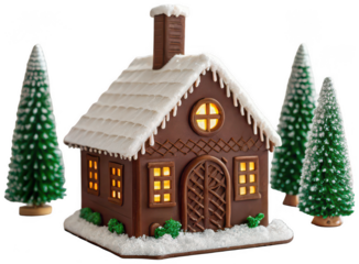 A charming, intricately detailed gingerbread house crafted from baked dough and decorated with white icing resembling snow, featuring small green candy foliage,, isolated on transparent background.