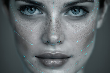 Woman's face with facial recognition technology scan