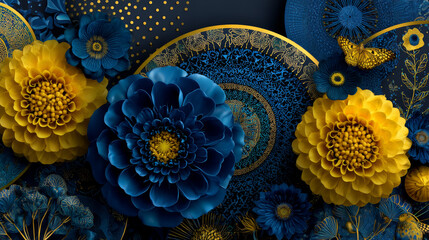 Orient vector classic vintage pattern. Fantasy illustration. Pictures in yellow and blue colors. Seamless abstract background with cute elements. Orient background.