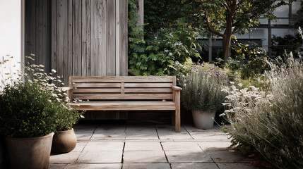 Obraz premium Ai wooden bench in a garden surrounded by plants and flowers on a sunny day