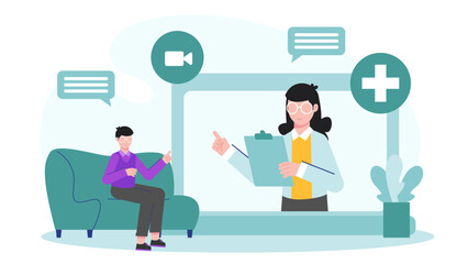 Telehealth Session for Mental Health Counseling. Flat Vector Illustration