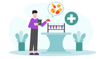 Pharmaceutical Lab Developing New Medication. Flat Vector Illustration