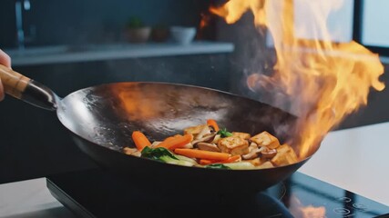 Chef tossing fresh vegetables and tofu in a wok with dramatic flames on induction stove - Powered by Adobe