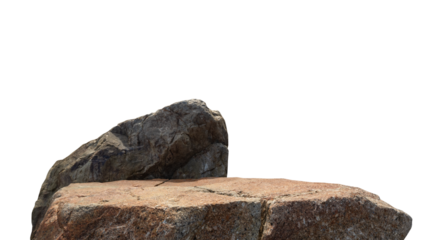 Brown rock stone podium isolated on white background. Natural granite stone pedestal for product display. Organic rock stage with rough texture for branding placement and montage presentation.