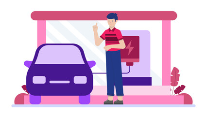 Electric Vehide Charging Station Installation. Flat Vector Illustration