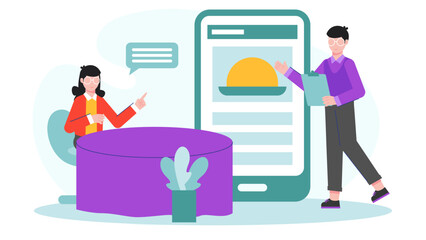 Restaurant Implementing Contactiess Ordering. Flat Vector Illustration