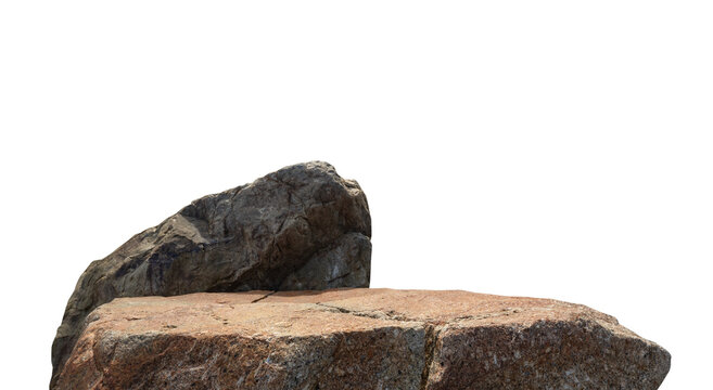 Brown rock stone podium isolated on white background. Natural granite stone pedestal for product display. Organic rock stage with rough texture for branding placement and montage presentation.